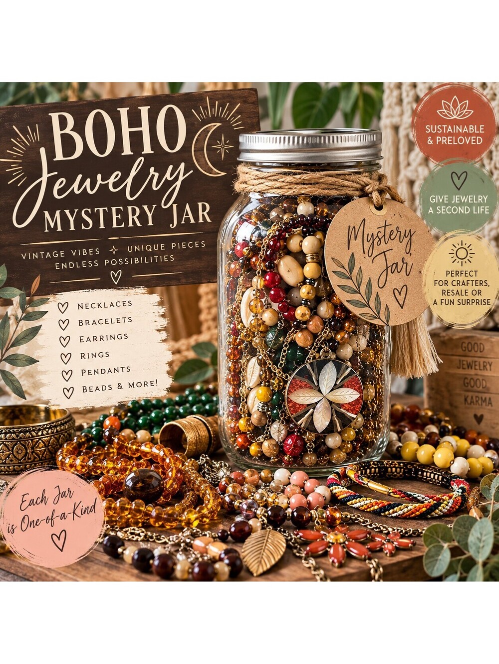 Boho Jewelry Mystery Jar 50+ Pc Vintage Modern Costume Jewelry Mixed Lot